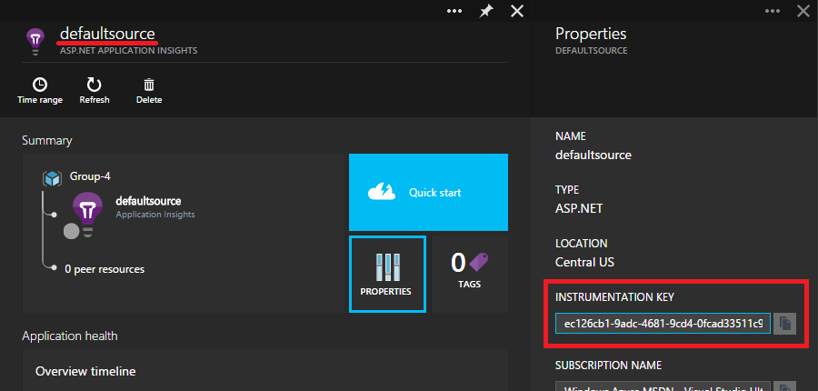 Get instrumentation key in the portal