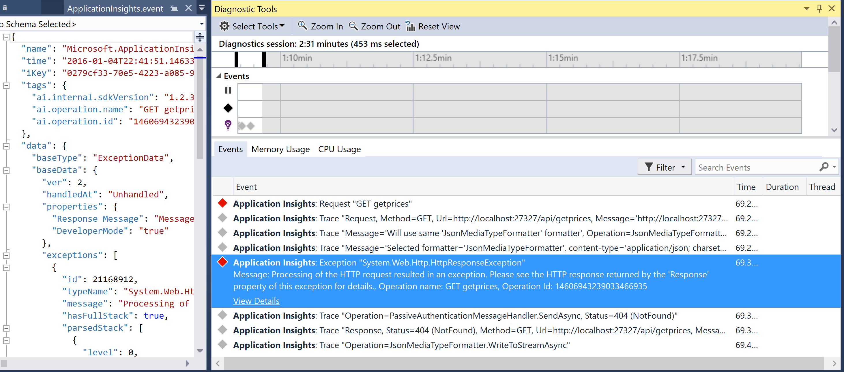 Application Insights exception in the Diagnostics Tools hub