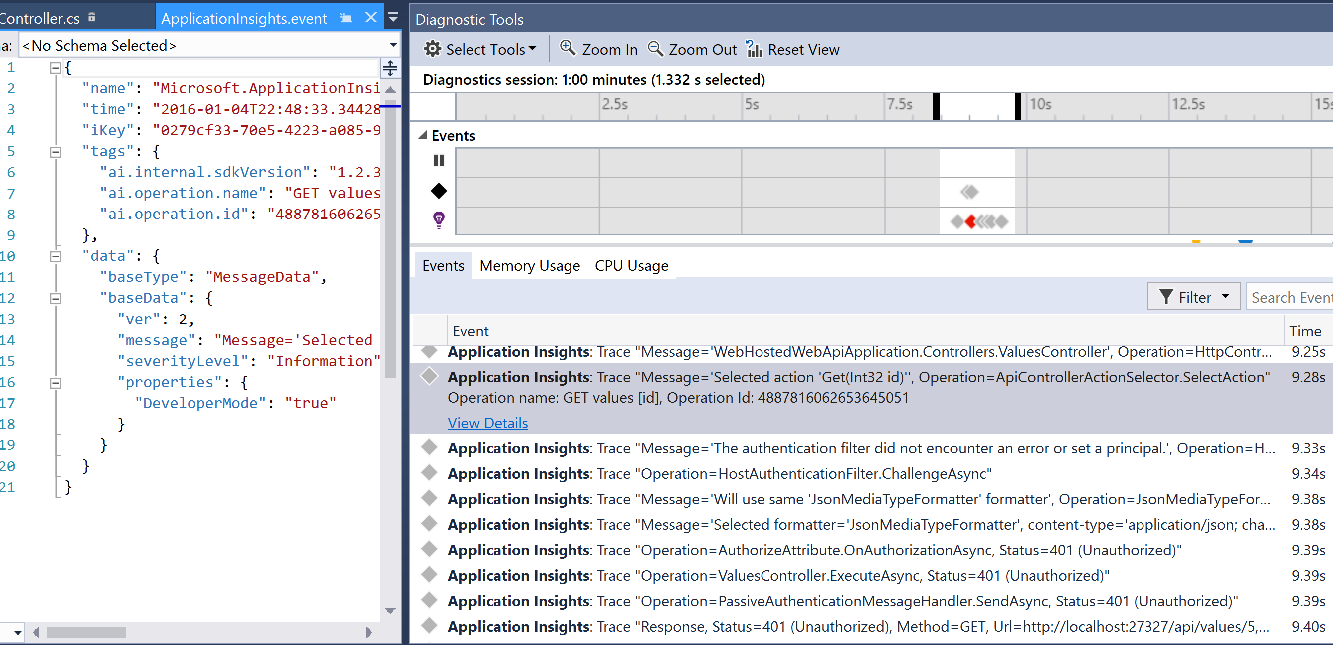 Application Insights trace in the Diagnostics Tools window