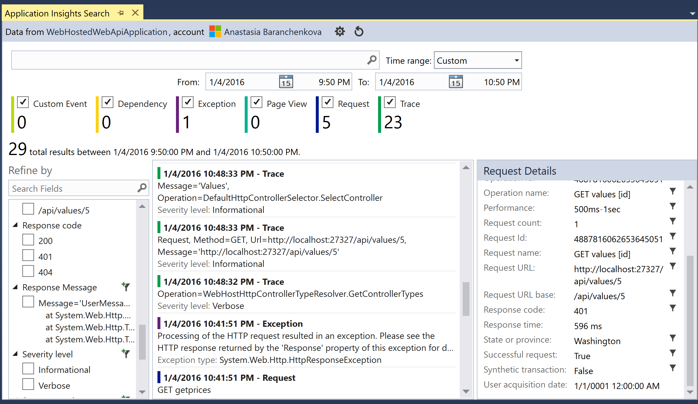 Application Insights Search windows